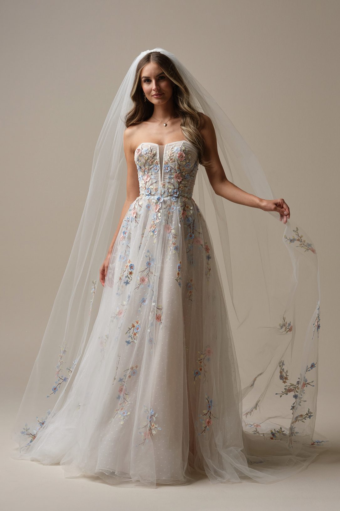 strapless v-neck a-line wedding dress with colorful 3d flowers and sheer ruched bodice