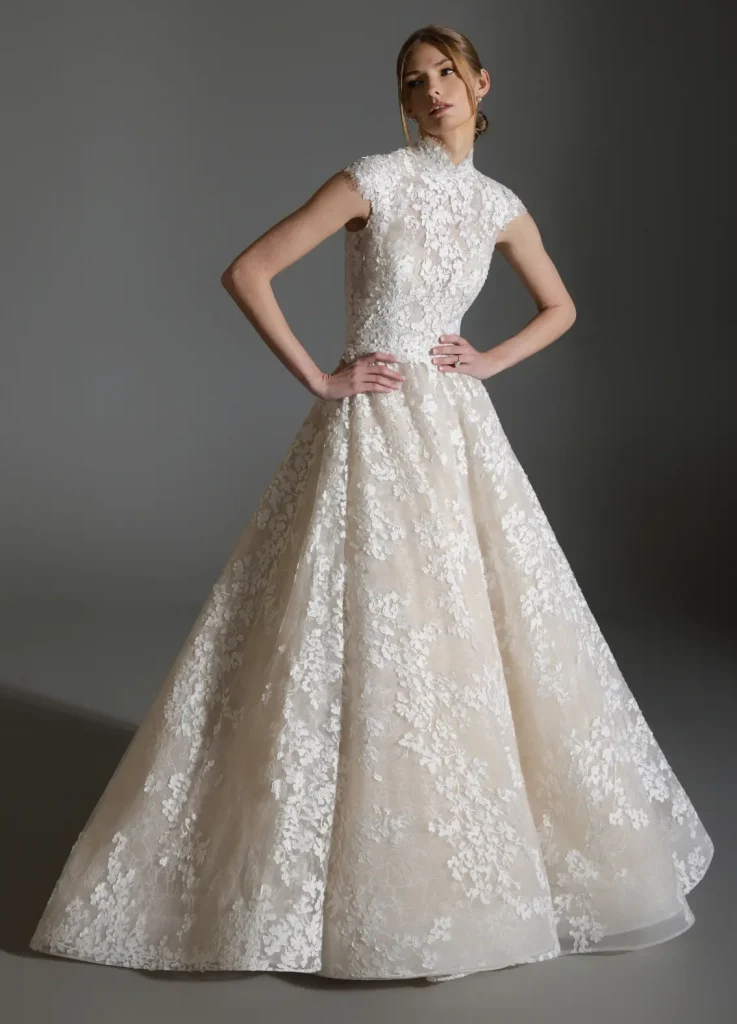 Maison Perez by Lazaro Ashley wedding dress. High neck, cap sleeves lace a-line gown,