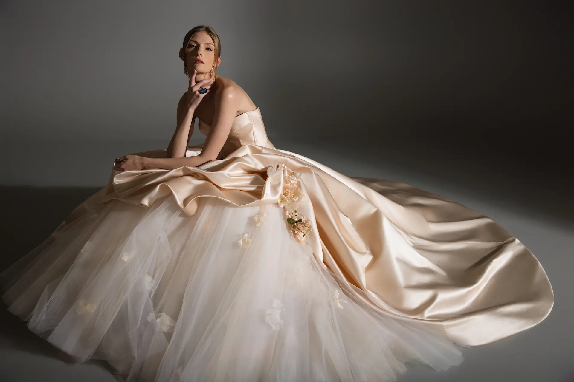 Maison Perez by Lazaro Astor wedding gown. Strapless, corset bodice, ballgown skirt with pickup details, tulle and mikado with floral details.