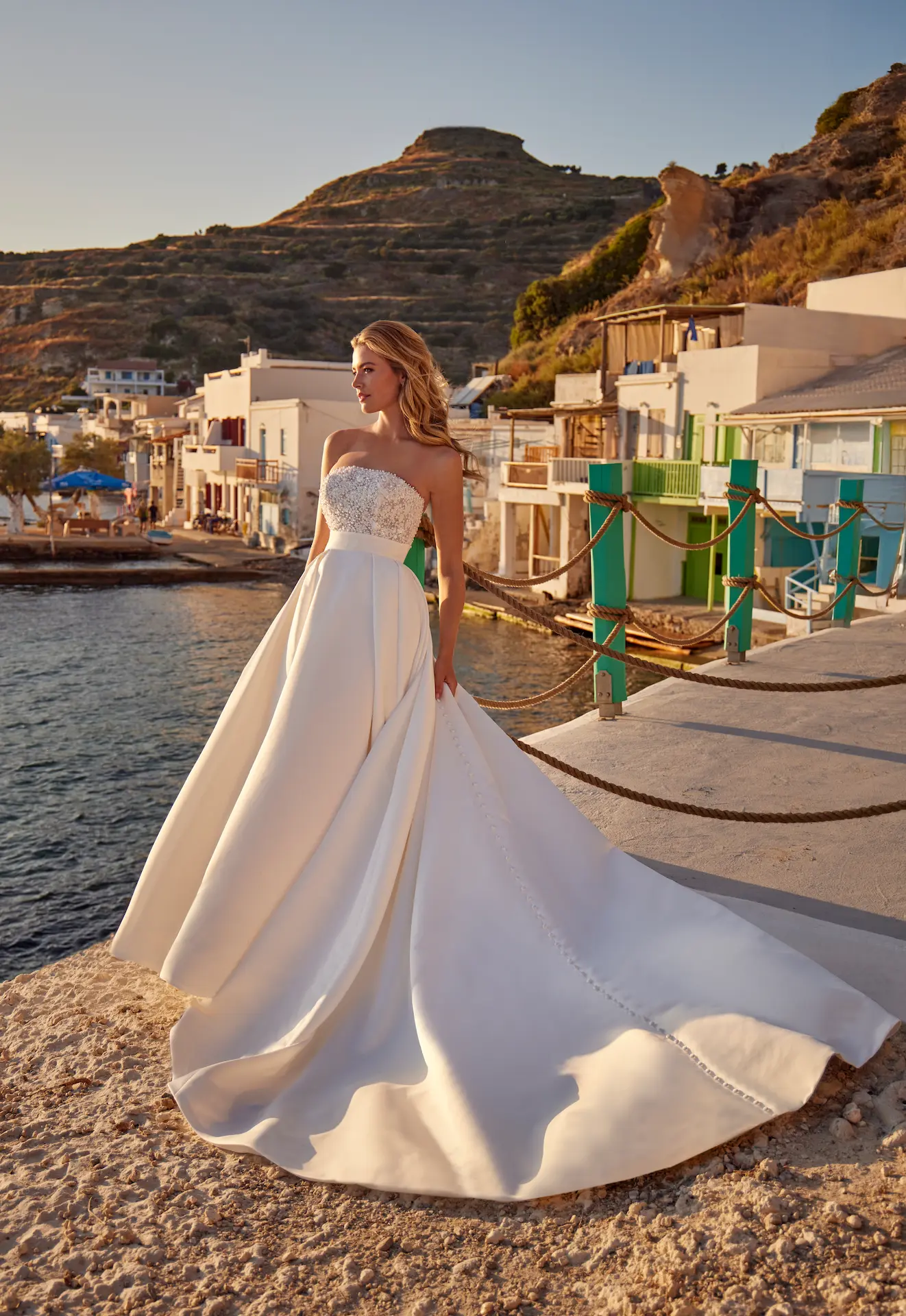 Madison James Daisy Strapless Satin Skirt Pearl Beaded Bodice Wedding Dress