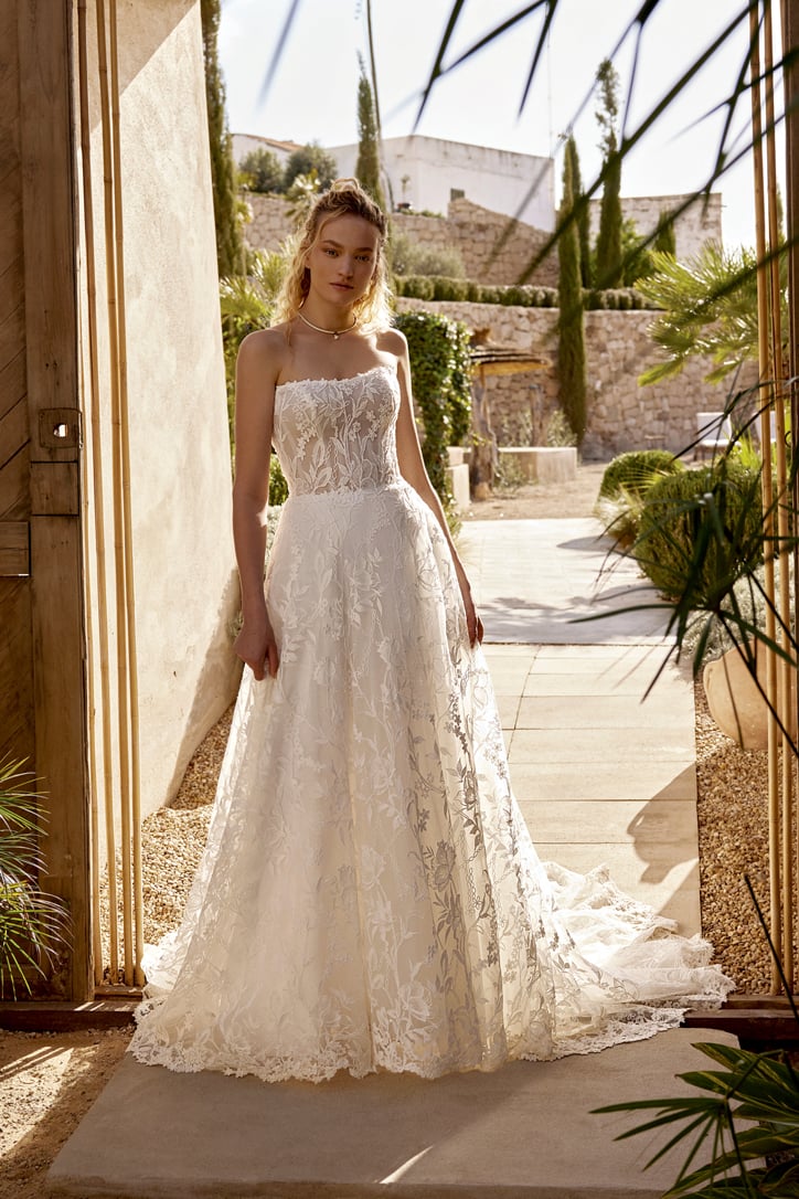 allover embroidered tulle and organza a-line wedding dress with strapless scoop neckline and sheer bodice