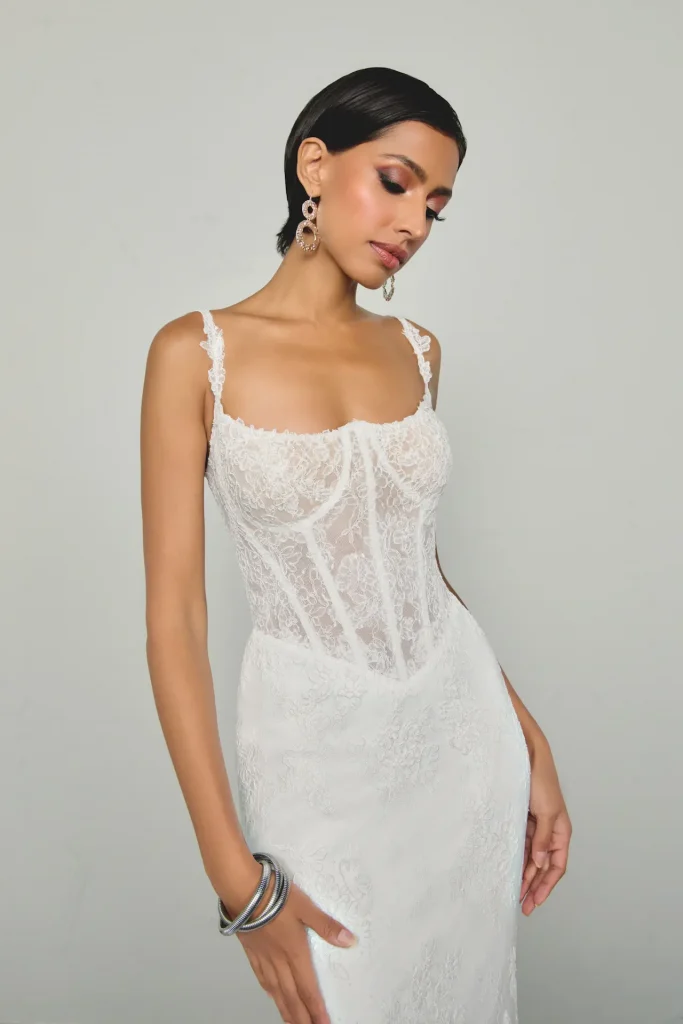 justin alexander signature valour lace fit and flare inverted neckline wedding dress