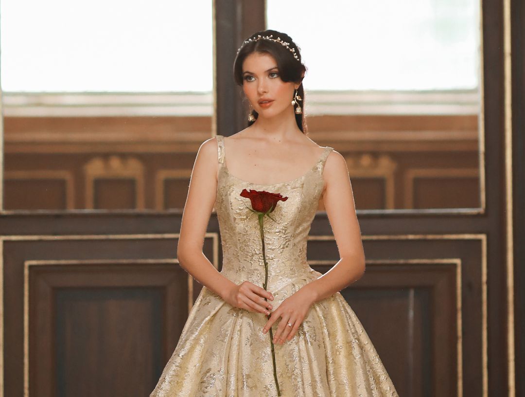The 2026 Disney Fairy Tale Weddings Collection Belle Inspired Allure D472 Gold Jacquard Ballgown Princess Wedding Dress