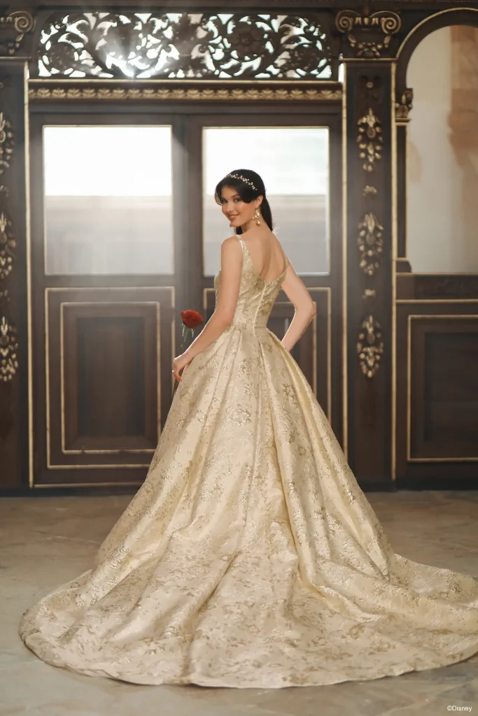 The 2026 Disney Fairy Tale Weddings Collection Belle Inspired Allure D472 Gold Jacquard Ballgown Princess Wedding Dress