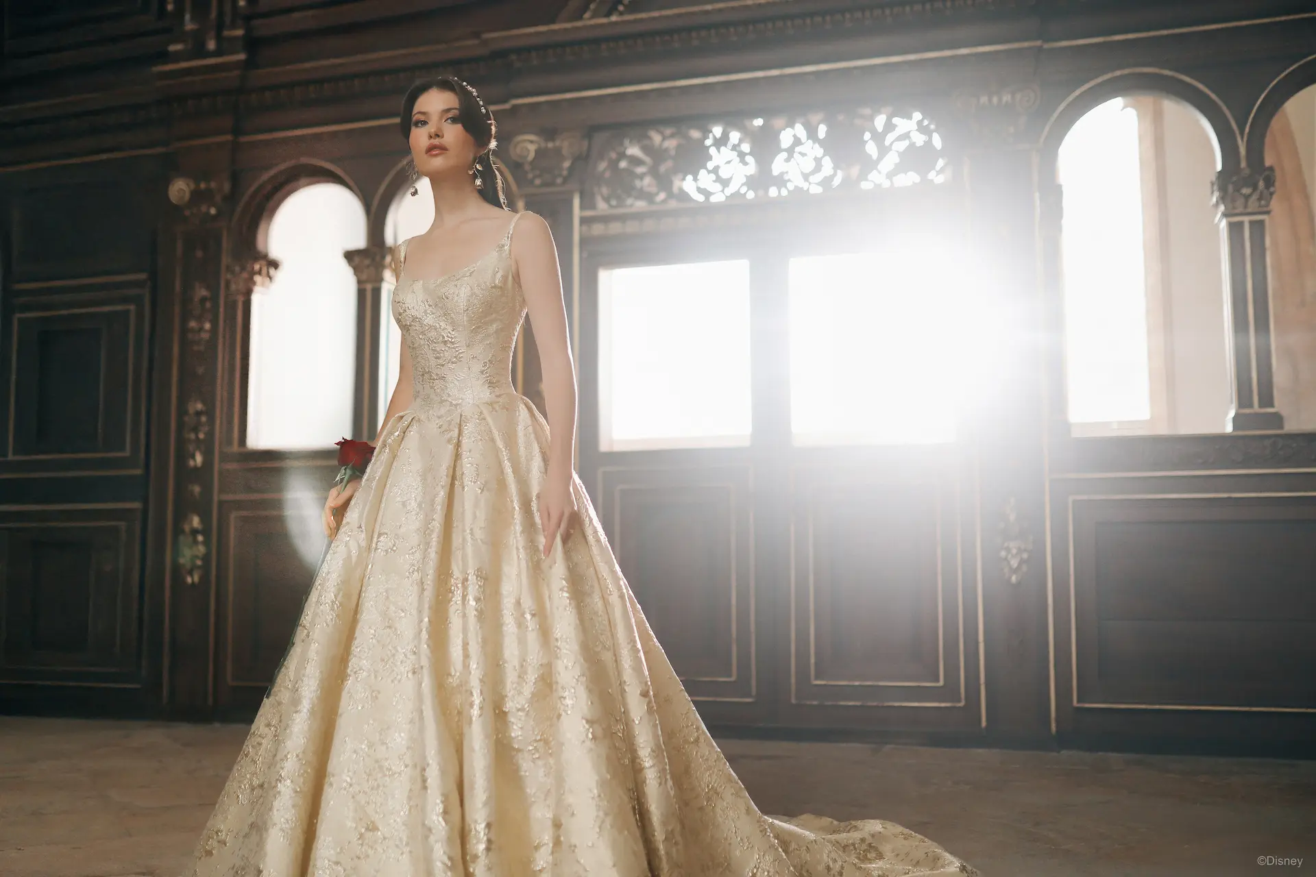 The 2026 Disney Fairy Tale Weddings Collection Belle Inspired Allure D472 Gold Jacquard Ballgown Princess Wedding Dress