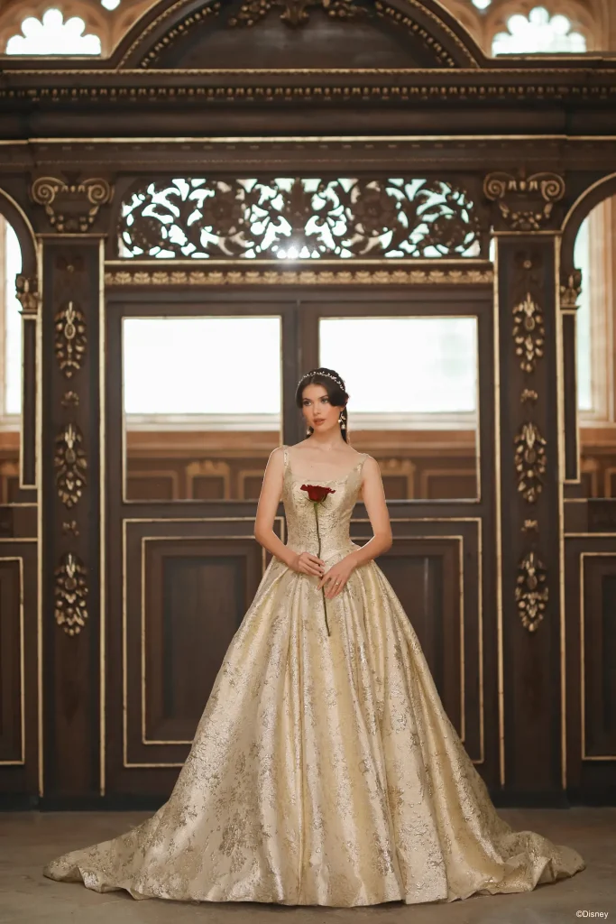 The 2026 Disney Fairy Tale Weddings Collection Belle Inspired Allure D472 Gold Jacquard Ballgown Princess Wedding Dress