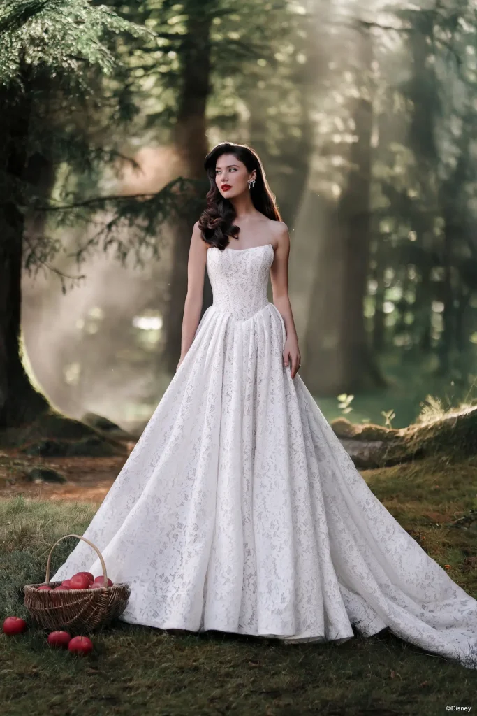The 2026 Disney Fairy Tale Weddings Collection Snow White Inspired Allure D477 All Over Lace Basque Waist Ballgown Princess Wedding Dress