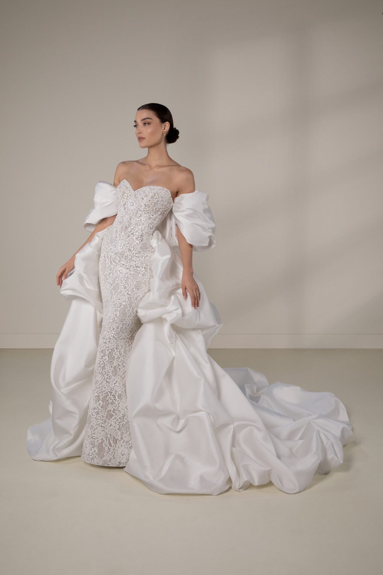 martina liana le1445 strapless beaded sheath wedding dress with overskirt