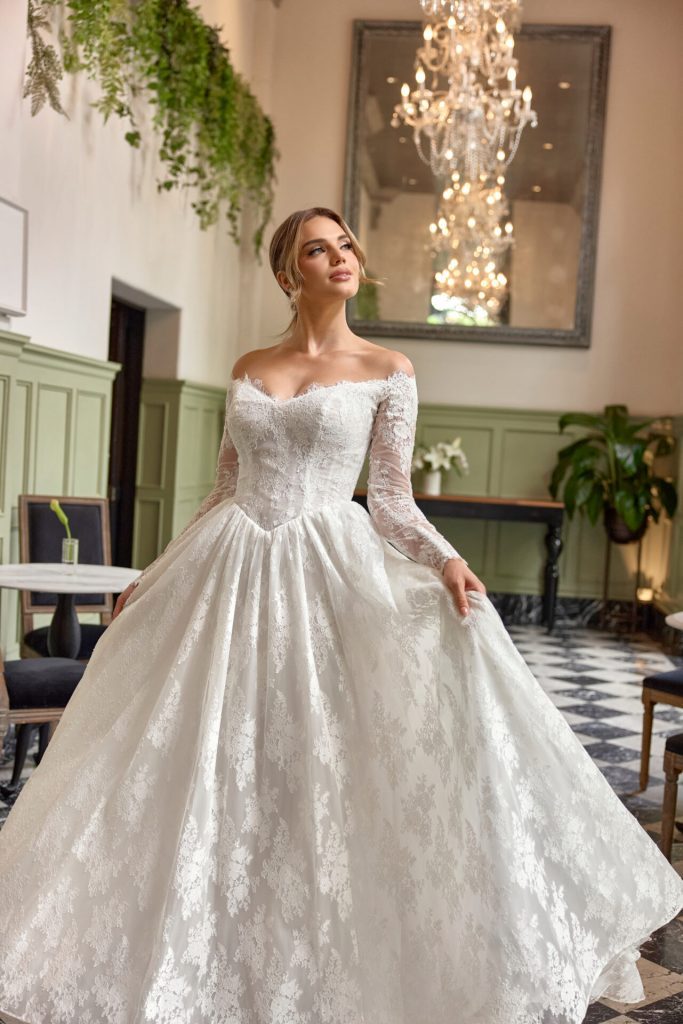 essense of australia D4466 lace off the shoulder a line wedding dress