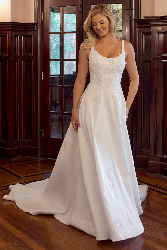 essense of australia D4471 scoop neck satin a line wedding dress
