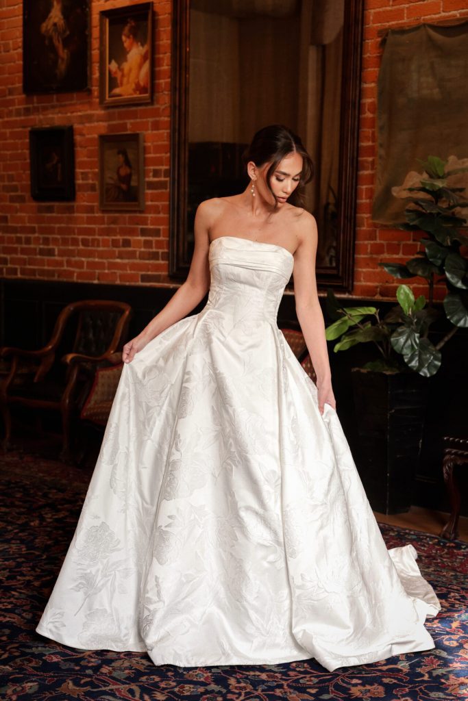 essense of australia D4304 strapless satin brocade ballgown wedding dress