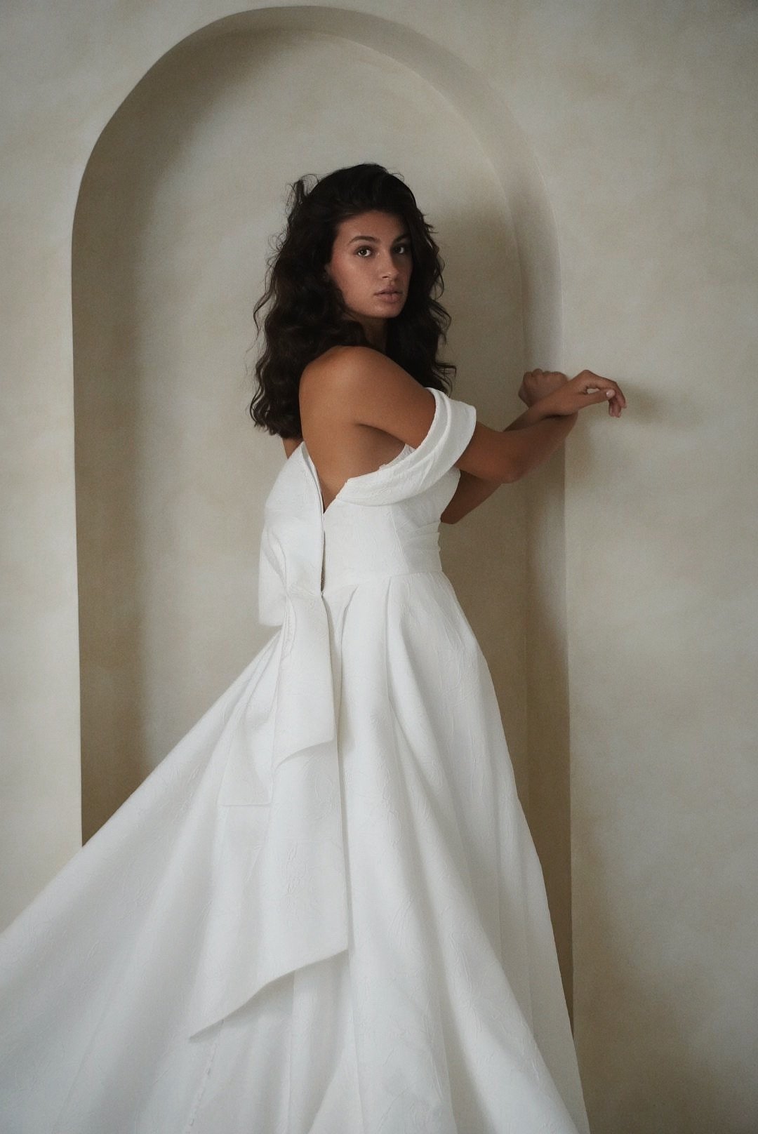 Colby John Atelier Lou strapless silk brocade sweetheart off the shoulder wedding dress bow a-line