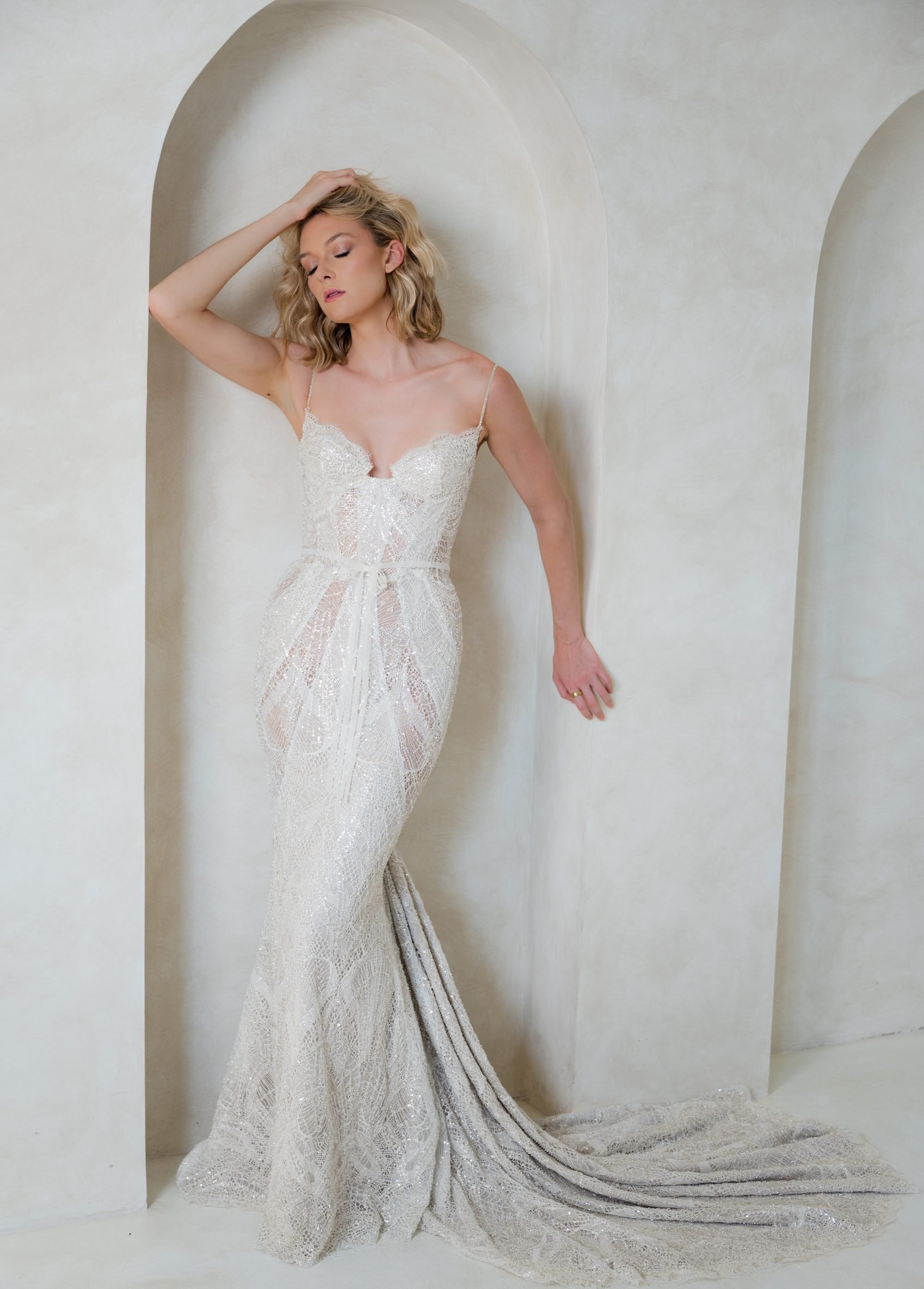 Colby John Atelier Tiara beaded chantilly lace sheer bodice fitted wedding dress