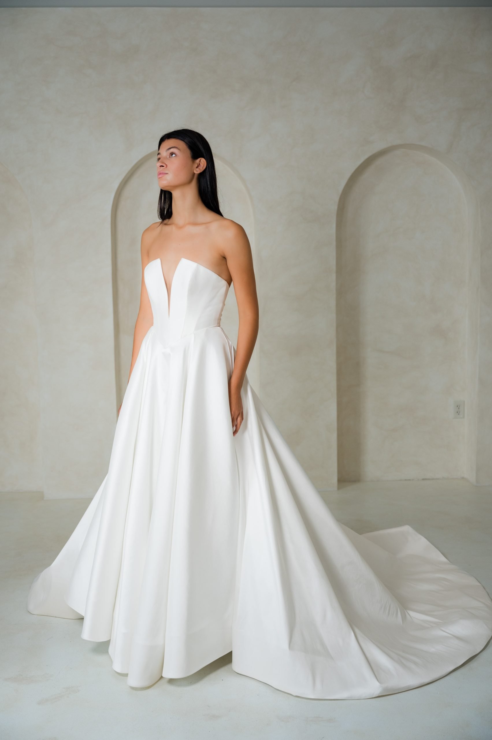 Colby John Canvas Cami strapless silk mikado plunge neck a-line wedding dress basque waist