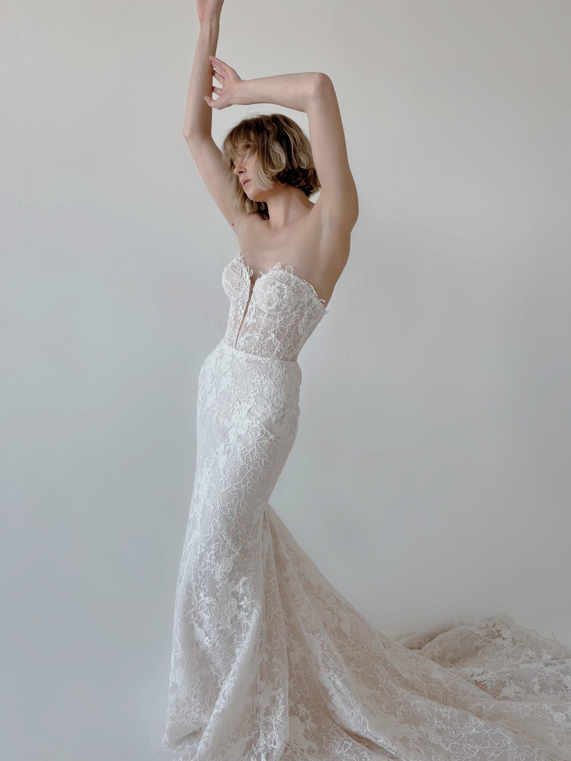 Colby John Atelier Jessica strapless beaded lace plunge neck fitted wedding dress corset bodice