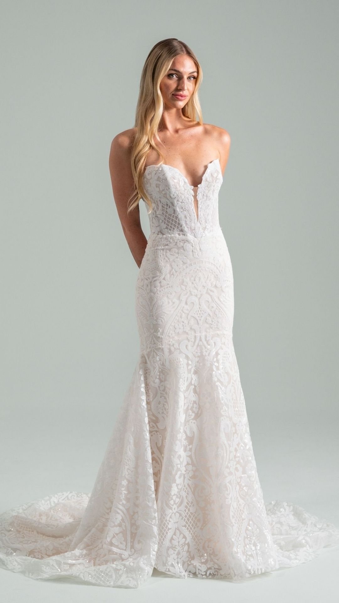 Hayley Paige East of Eden fitted wedding dress lace beadwork strapless plunge neckline
