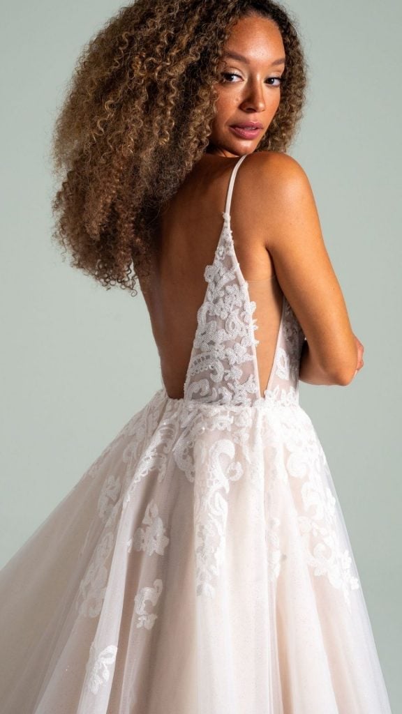 Hayley Paige Eros Rising Wedding dress spaghetti straps a-line beaded bodice plunge neckline glitter tulle skirt