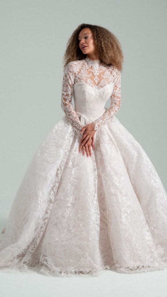 Hayley Paige She Who Hung The Moon Long Sleeve wedding dress lace ballgown basque waist removable sleeves high neck