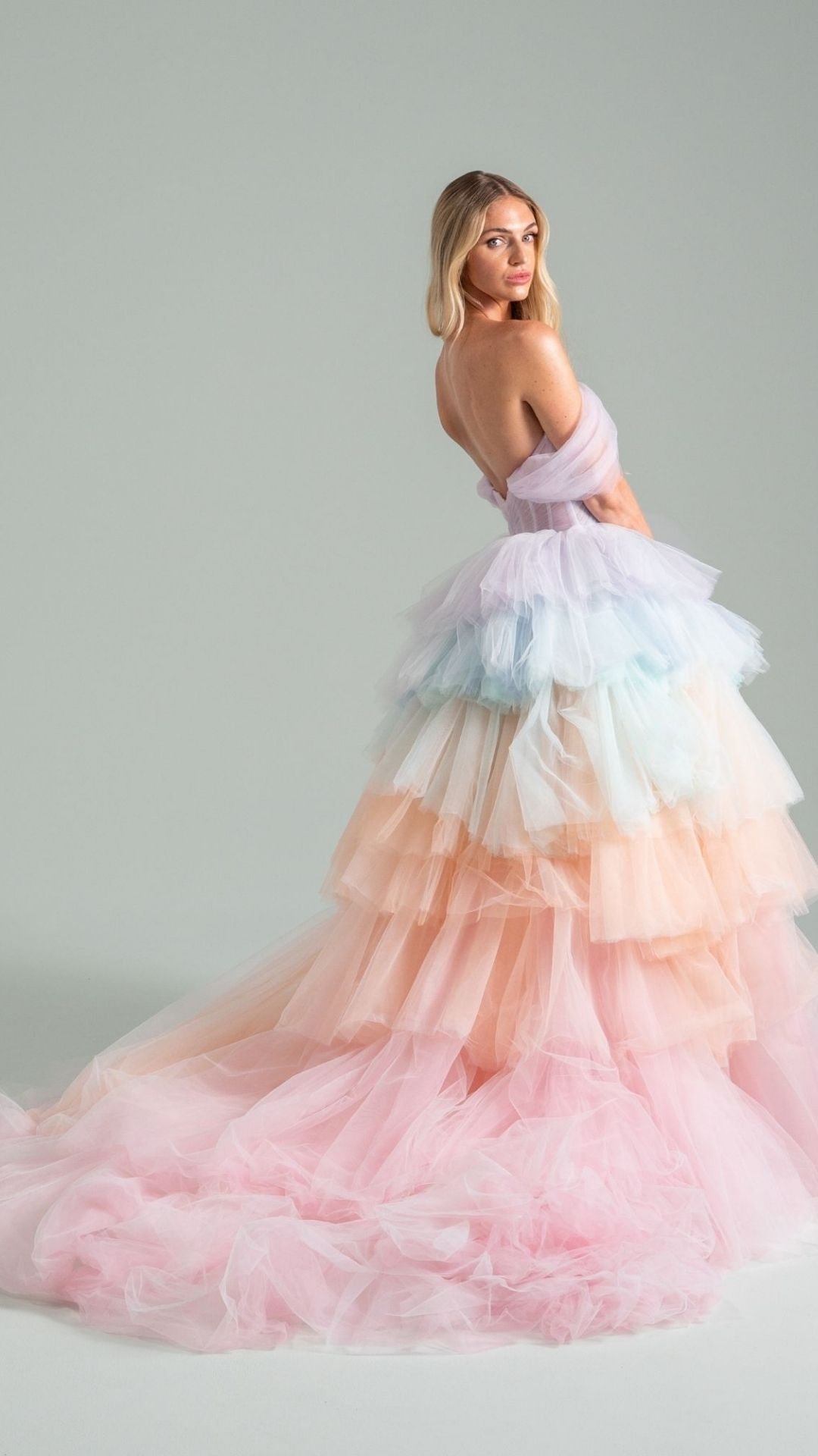 Hayley Paige Ruffled Rainbow Ballgown Off The Shoulder Layered Skirt Strapless Wedding Dress After The Storm