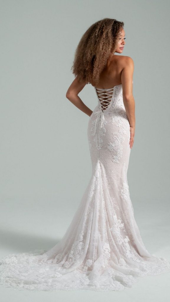 Hayley Becoming Jane Fitted strapless lace gown corset back leg slit