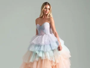 Hayley Paige Ruffled Rainbow Ballgown Off The Shoulder Layered Skirt Strapless Wedding Dress After The Storm Card