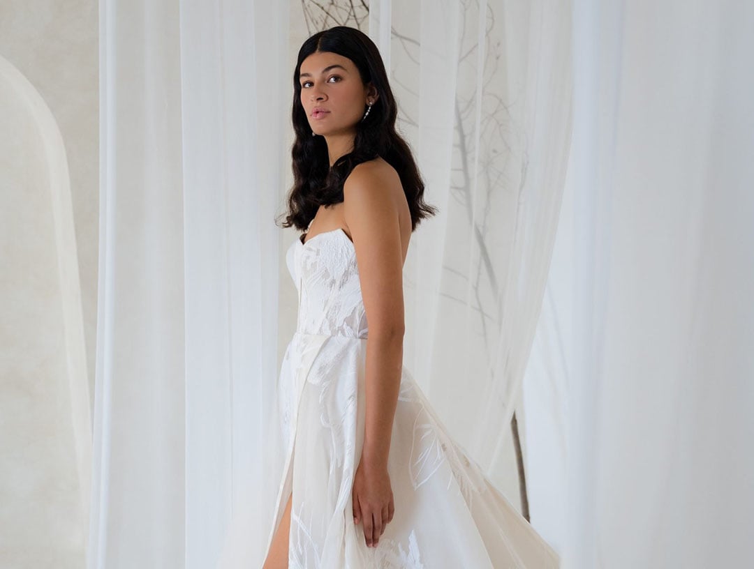 Colby John Atelier Jessica strapless organza silk jacquard plunge neck leg slit wedding dress