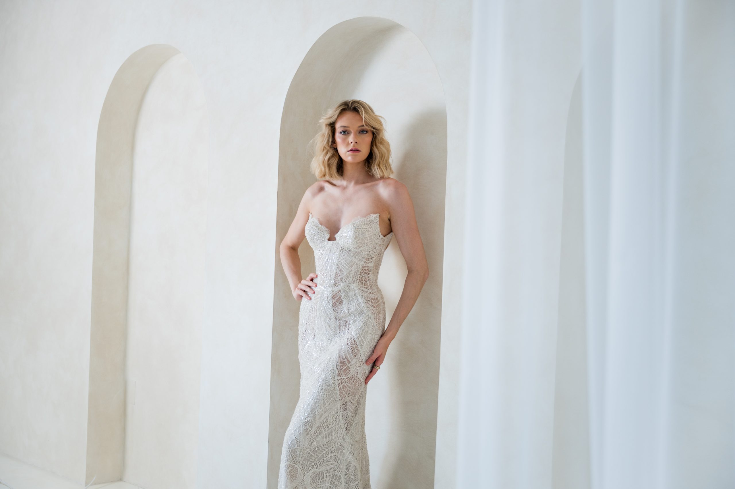 Colby John Atelier Tiara beaded chantilly lace sheer bodice fitted wedding dress