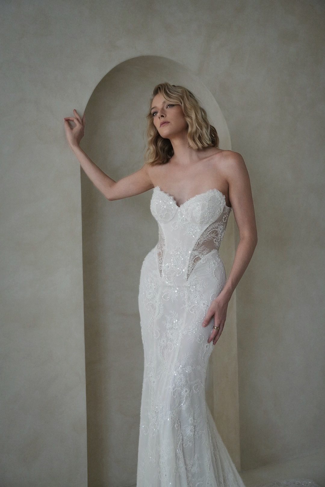 Colby John Atelier Haley strapless beaded sweetheart neck wedding dress basque waist