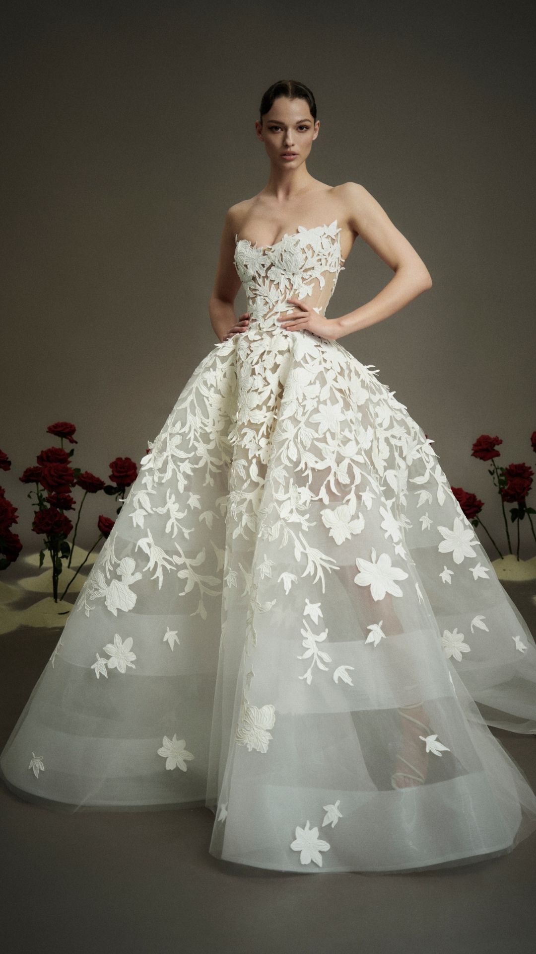 Nicole and Felicia NF109 couture wedding dress, strapless cat-eye neckline, sheer, horse hair skirt, applique lace, ballgown.