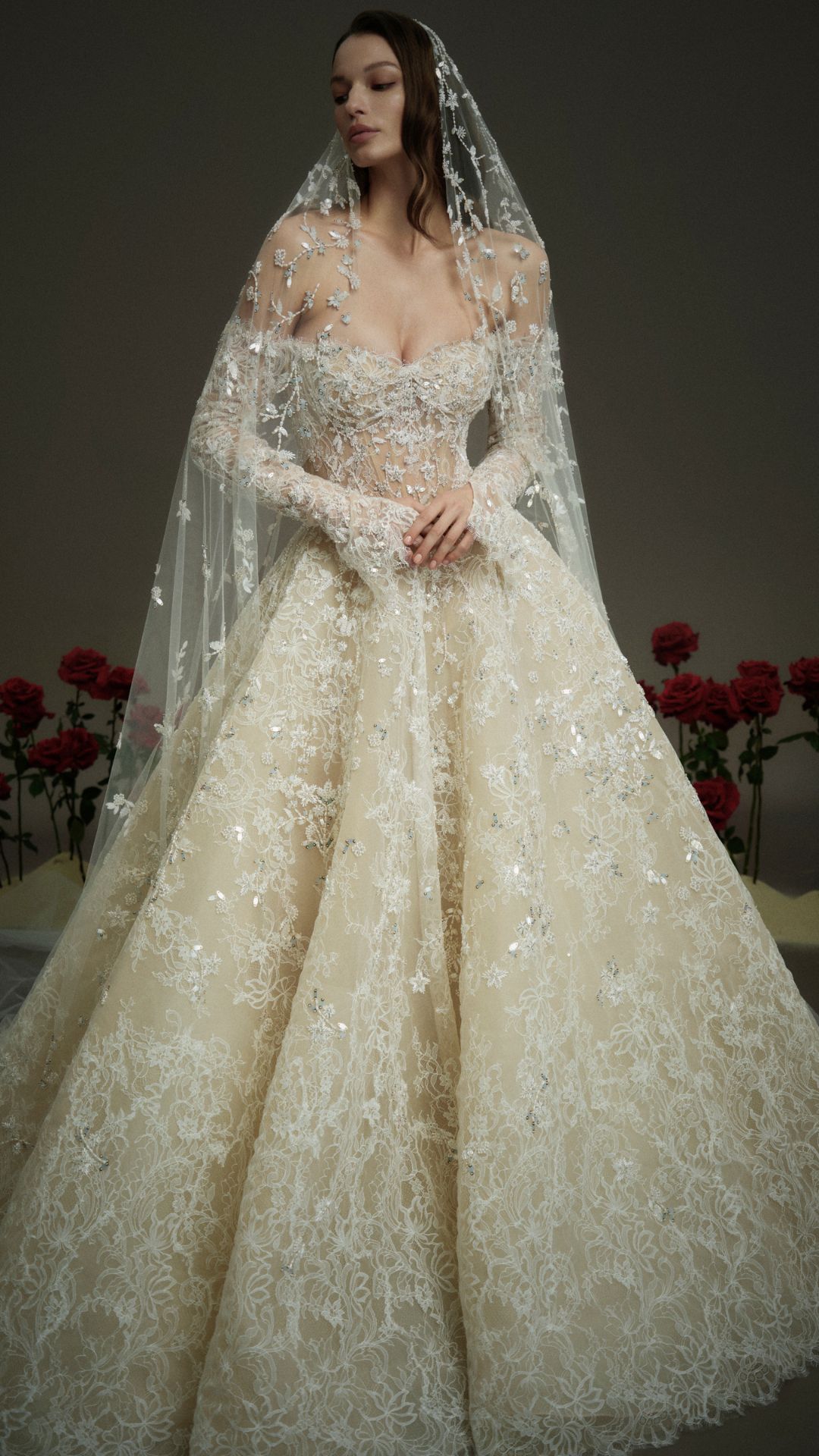 Nicole and Felicia NF108, off the shoulder long sleeve, beaded, lace ballgown wedding dress.
