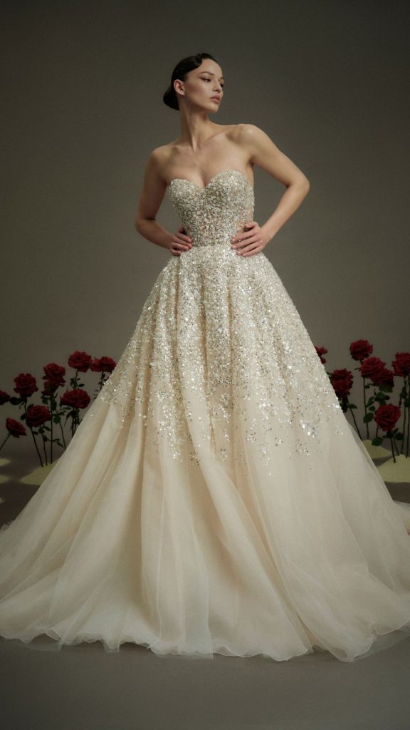 Nicole and Felicia NF113 wedding dress, strapless beaded tulle ballgown