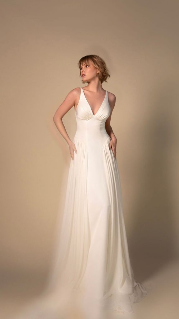 All Who Wander Gisele Satin bias cut sheath wedding dress plunge neckline