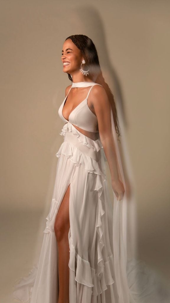 All Who Wander Thayer Beach Wedding Dress Silk Chiffon Ruffles Backless Boho Slit plunge neckline