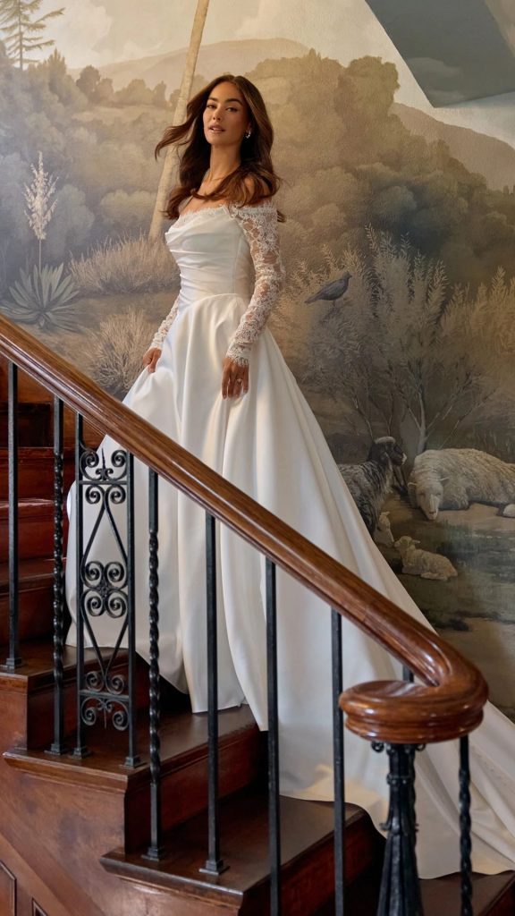 Essense of Australia D4457 wedding dress lace off the shoulder long sleeves satin basque waist a-line skirt