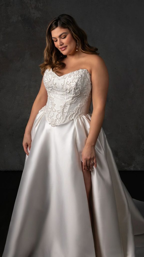 Essense of Australia D4332 plus size wedding dress corset bodice lace pearl detail leg slit basque waist strapless mikado a-line skirt