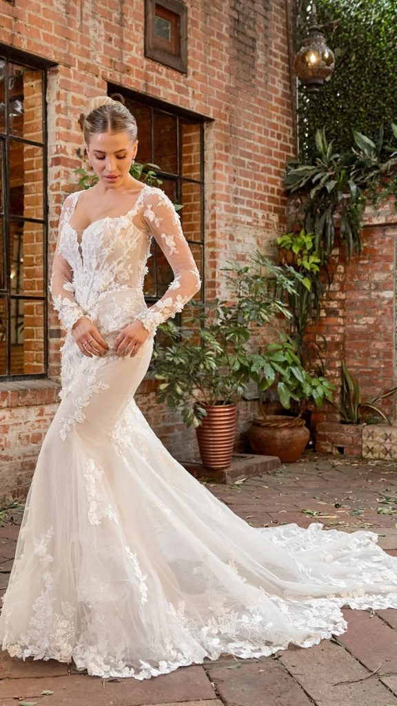 Essense of Australia D4329 long sleeve lace wedding dress 3d floral applique shimmer tulle fit and flair