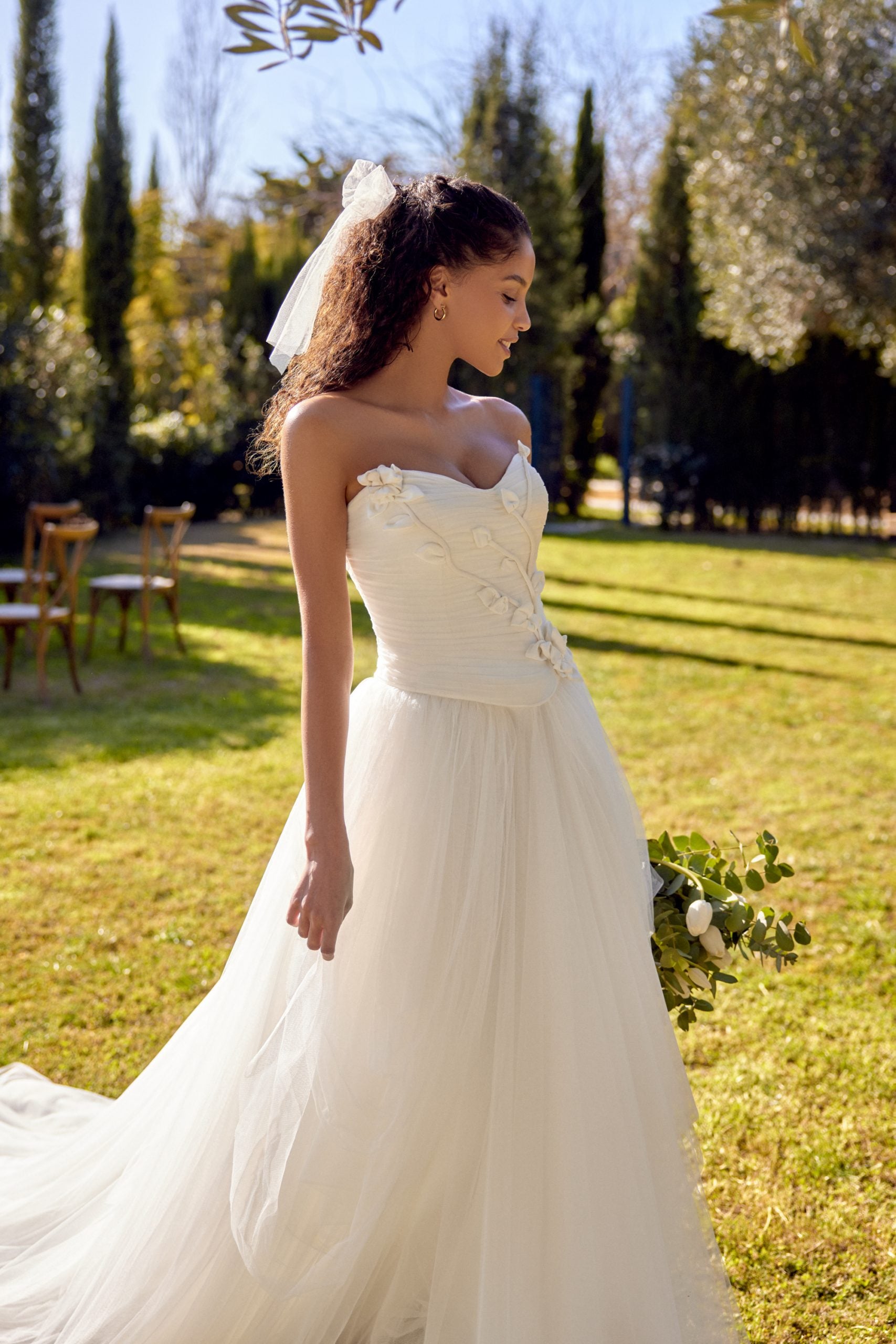 Lillian West 66411 corset bodice tulle a-line gown floral detail strapless basque waist boho wedding dress