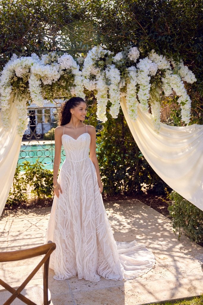 Lillian West 66427 boho unique lace wedding dress spaghetti straps a-line sweetheart neckline