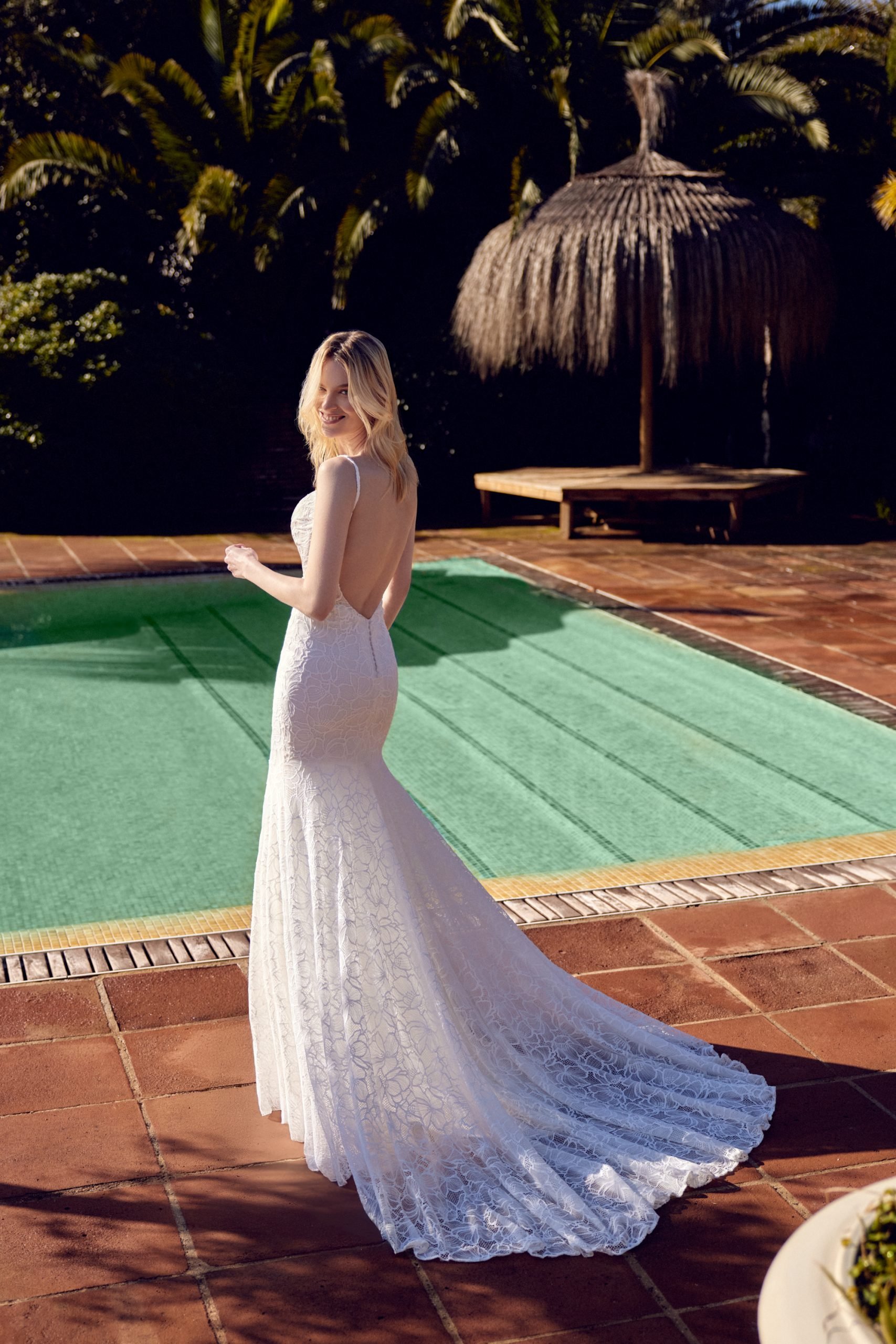 Lillian West 66421 low back sheet lace fitted wedding dress