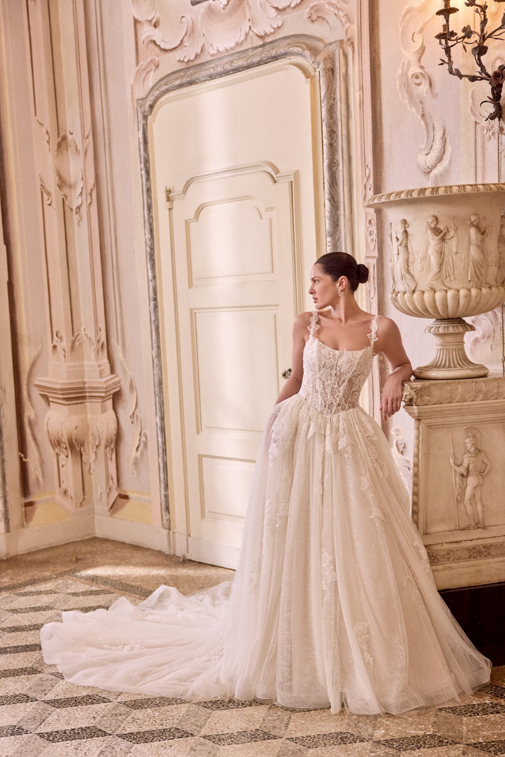 Justin Alexander Sparkling Lace Ball Gown with Basque Waistline and Pockets