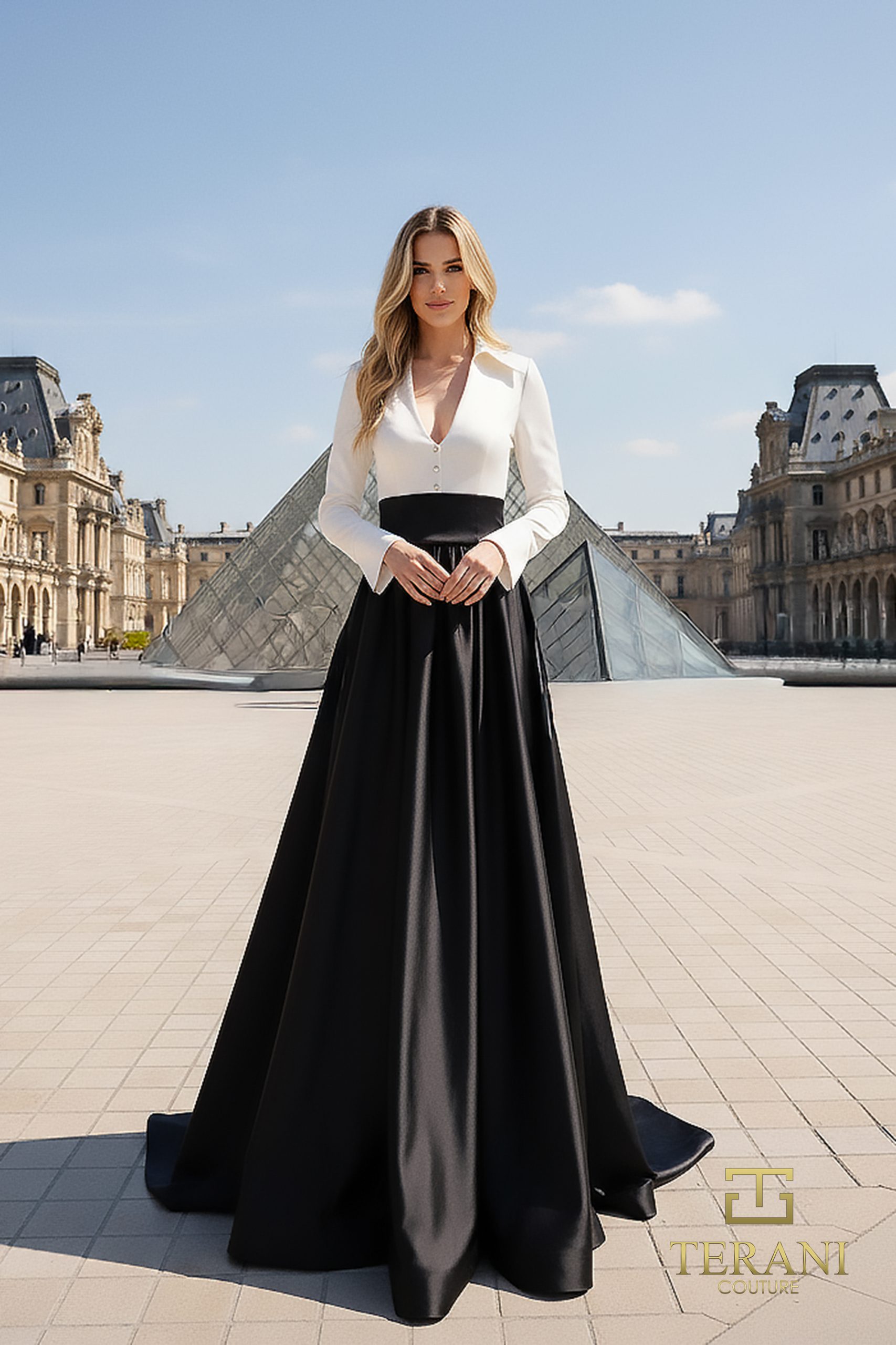 261E6204 Terani Couture Black White Long Sleeve Mother of the Bride Dress