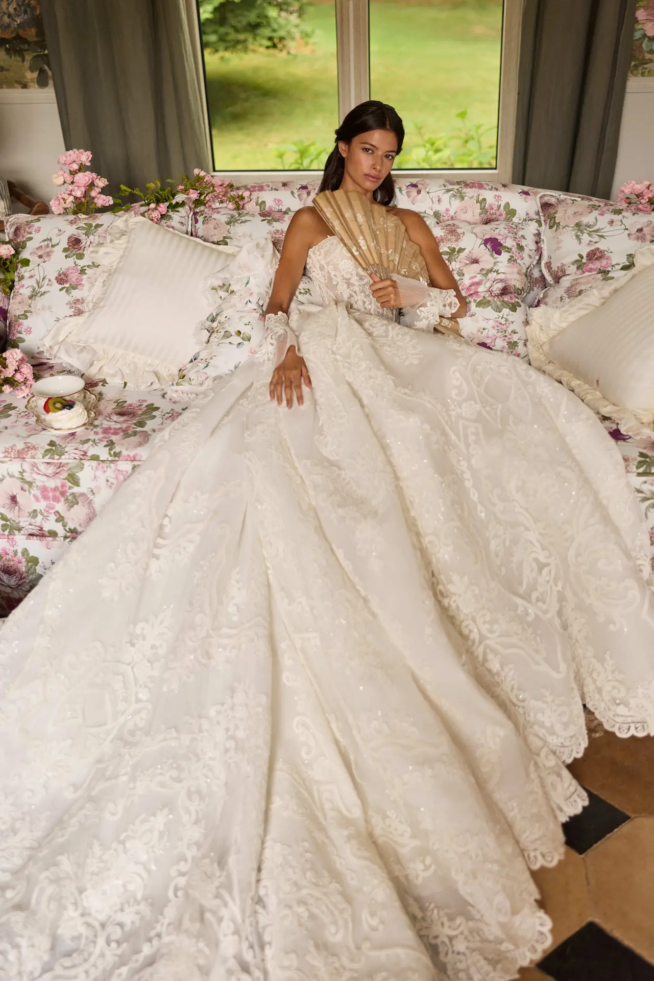 Milla Nova Zeira wedding dress, lace, strapless, sweetheart neckline, basque waist, ballgown skirt.