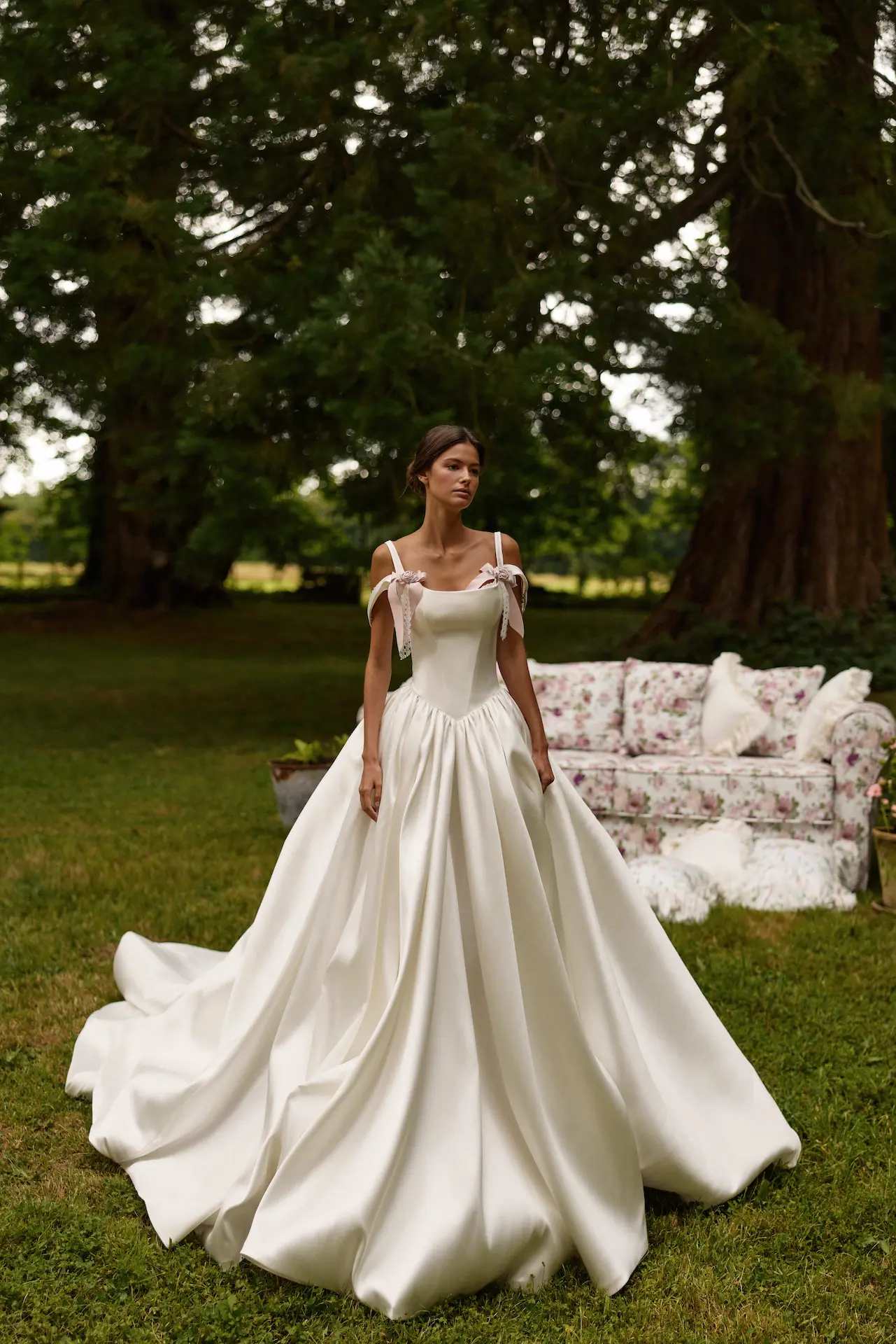 Milla Nova Elvaya wedding gown, mikado ballgown, square neckline, basque waist, bow detail.