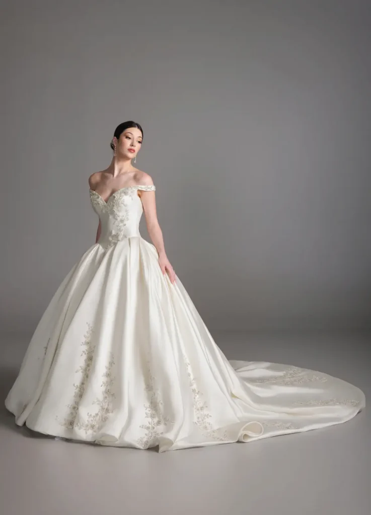 Blanc De Perez by Lazaro Bronte wedding gown, off the shoulder basque waist ballgown beading