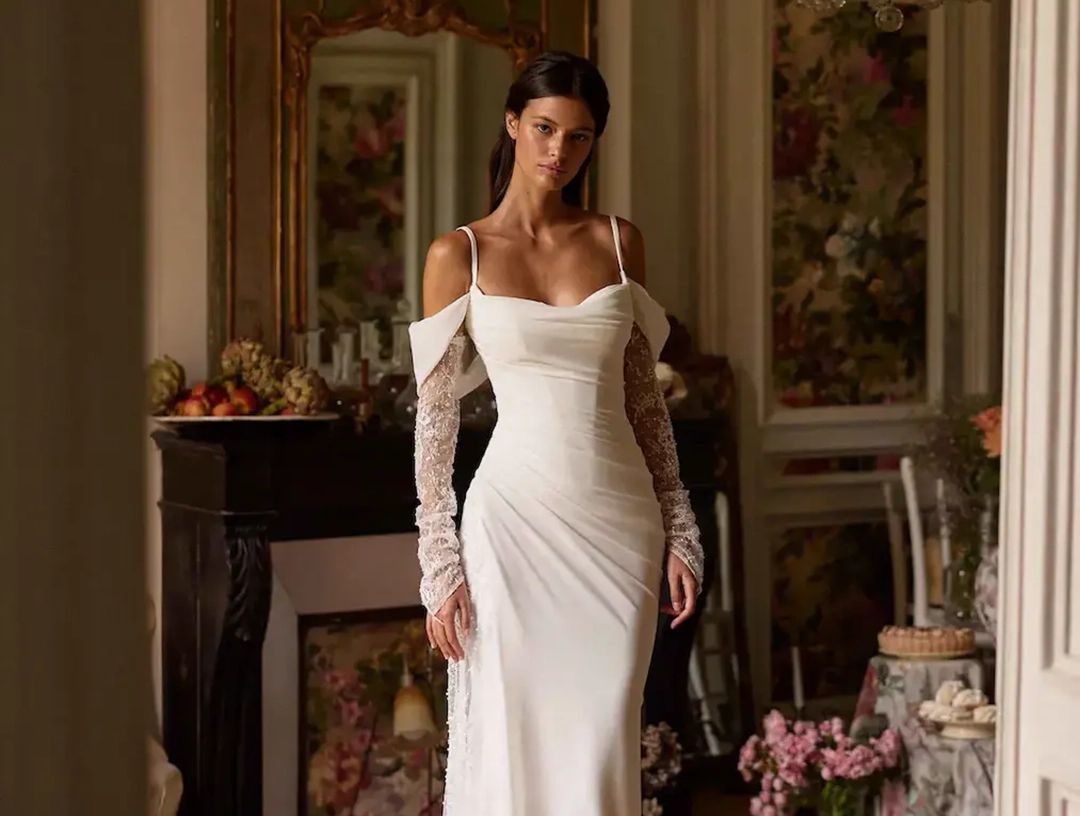 Milla Nova Glimmara Simple Fitted Ruched Sleeves Lace Straps Wedding Dress Card