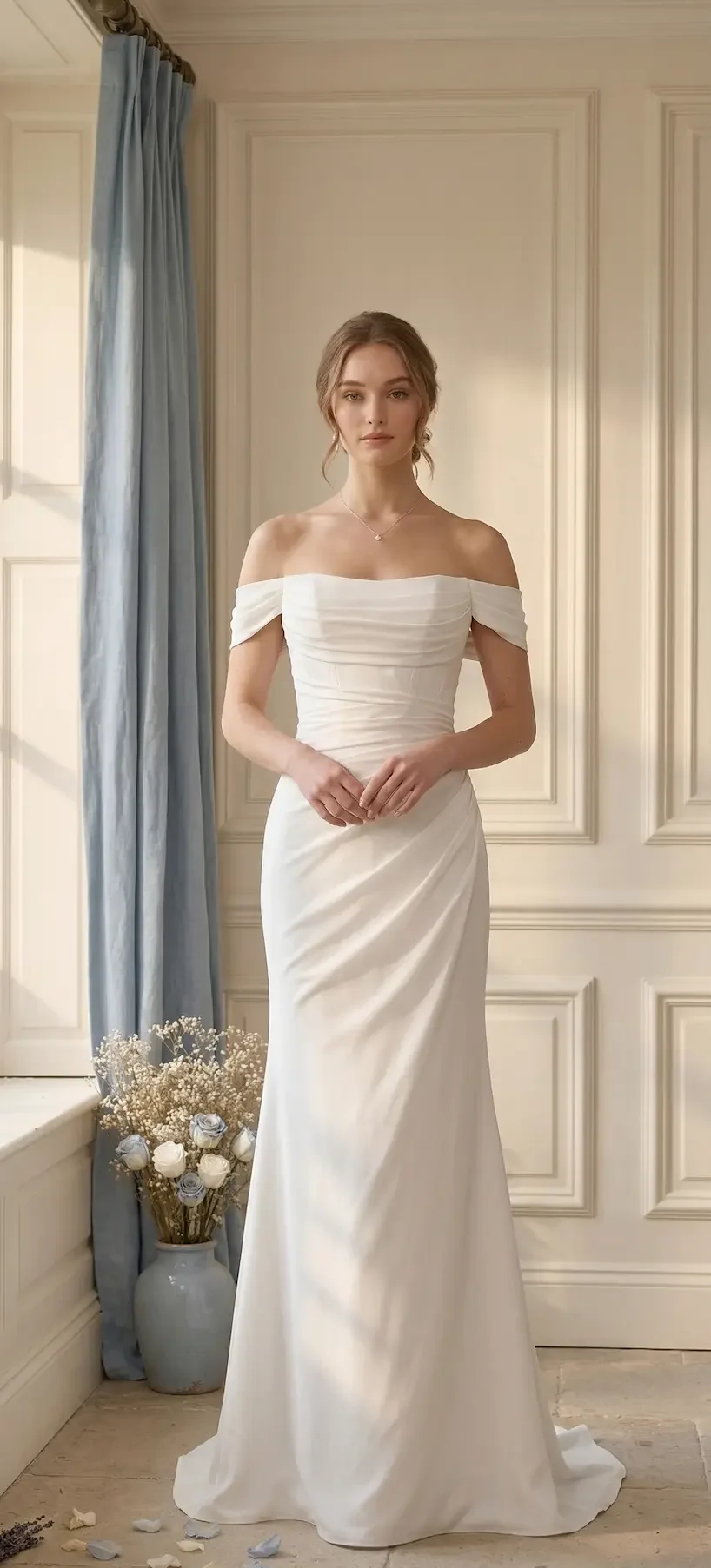 Sophie-James-in-Stock-wedding-dress-off-the-shoulder-ruched-simple-fitted-in-stock