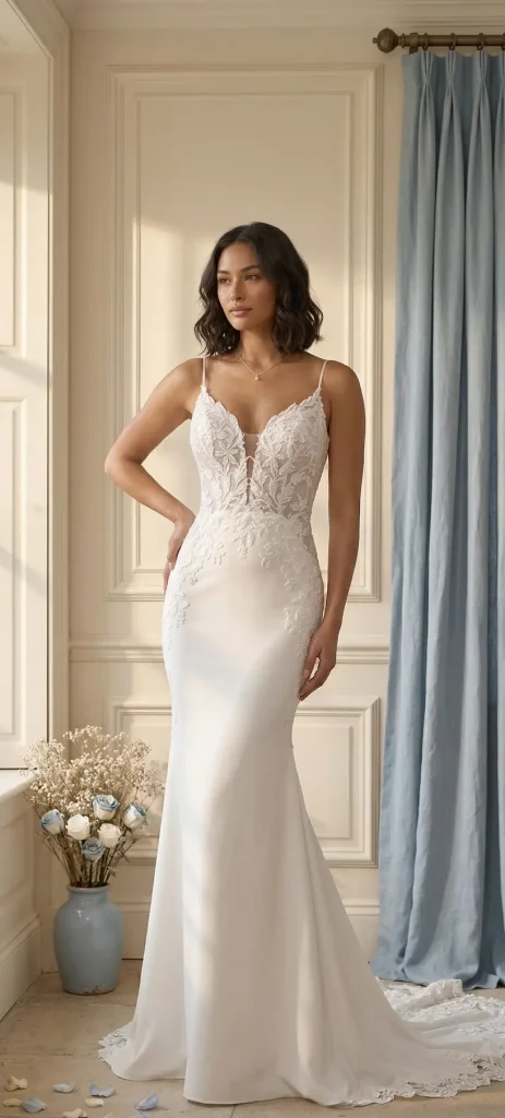 Sophie-James-Huxley-lace-crepe-wedding-dress-plunge-neck-spaghetti-straps-fitted-skirt-in-stock