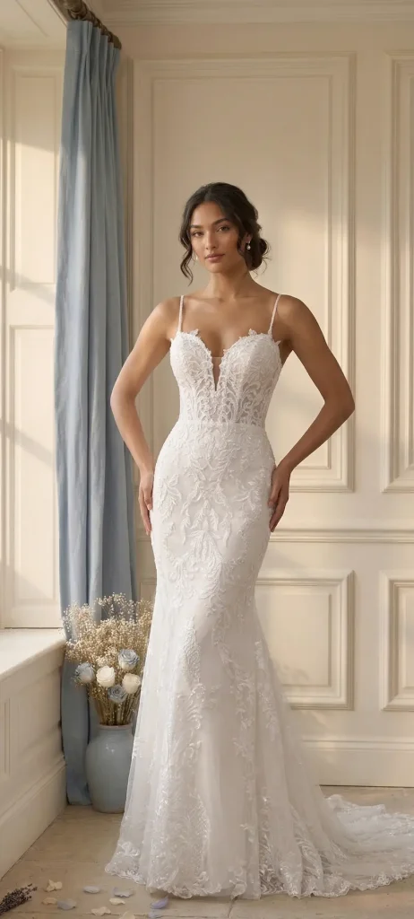Sophie-James-Lane-Fitted-Lace-Wedding-Dress-In-Stock-spaghetti-Straps-plunge-neck-lace