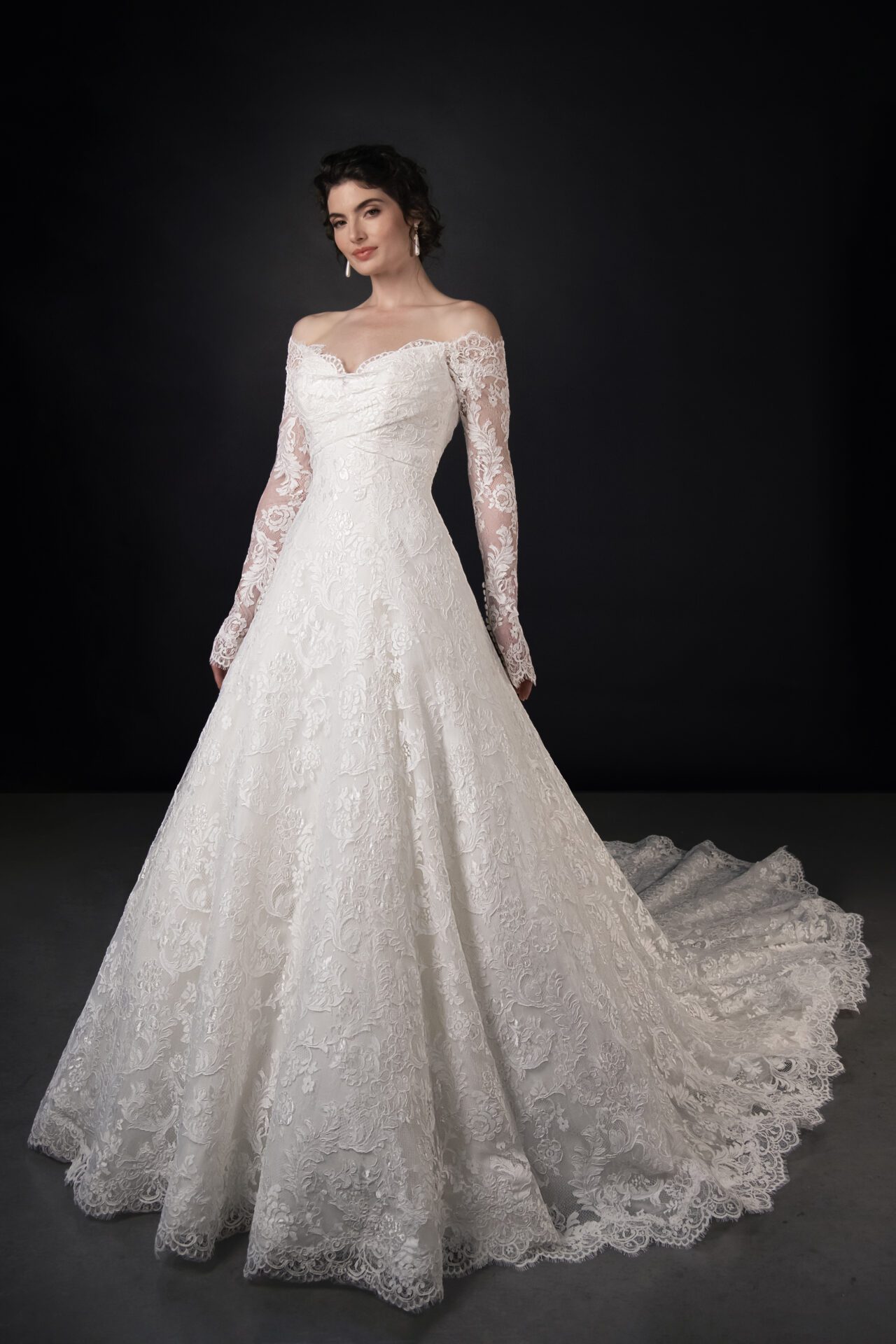 Martina Liana off-the-shoulder long sleeve lace a-line wedding gown with inner corset