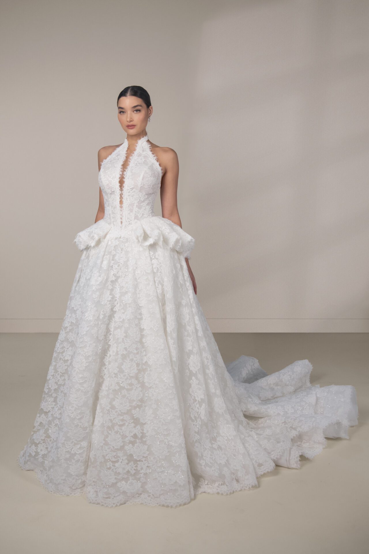 Martina Liana Luxe high-neck lace a-line wedding gown with detachable peplum